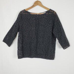 Ann Taylor LOFT Black Sheer Lace 3/4 Sleeve Blouse Women’s Size Large